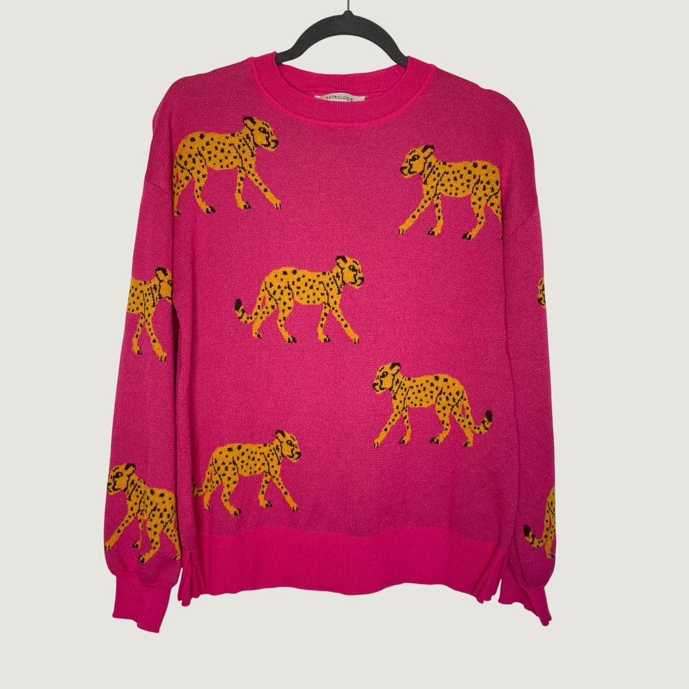 Astrologie Sweater Pink Cheetah Animal Print Knit Crewneck Pullover Sz M